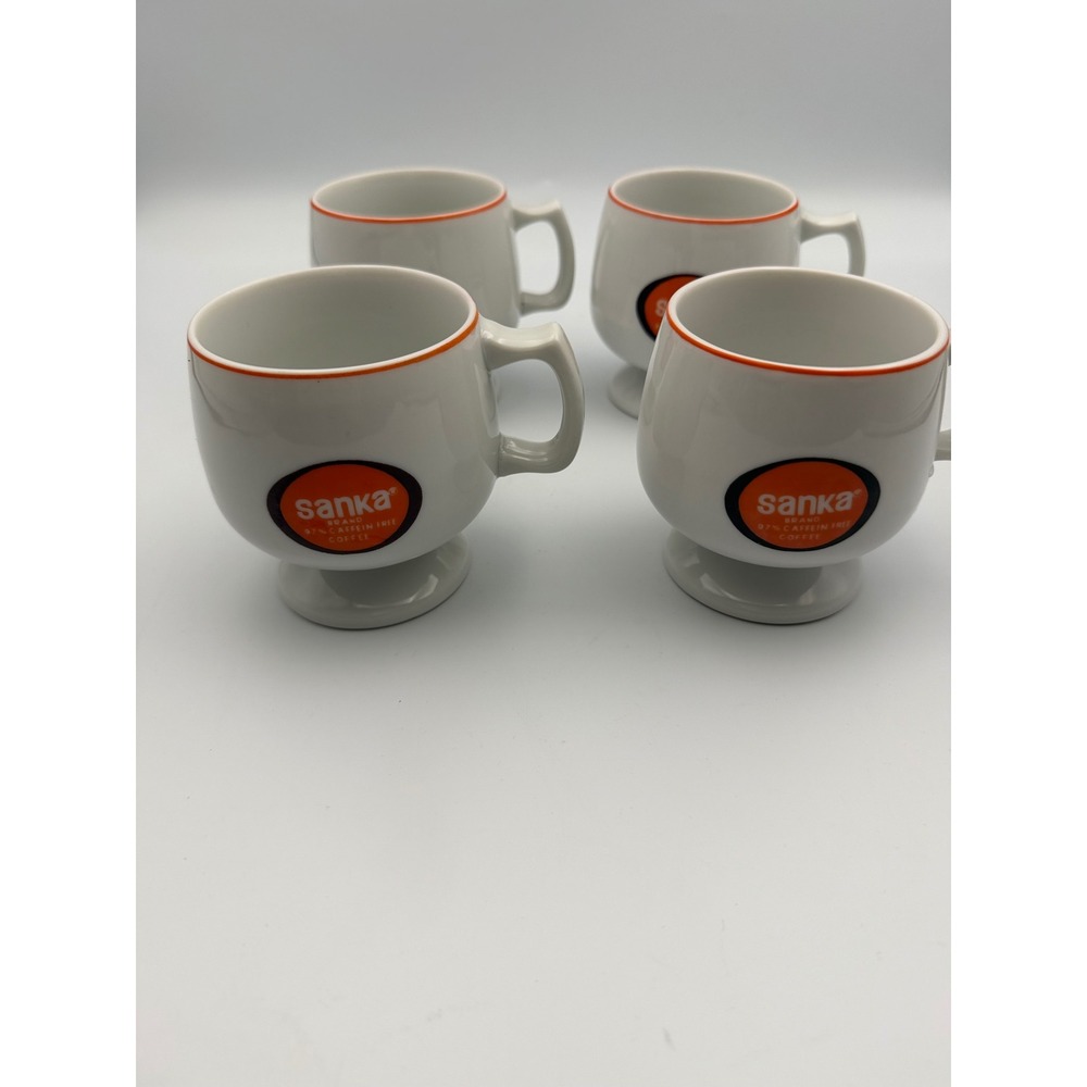 Vintage Sanka Coffee Mugs Set of 4 Footed Pedestal Ceramic White Orange Logo